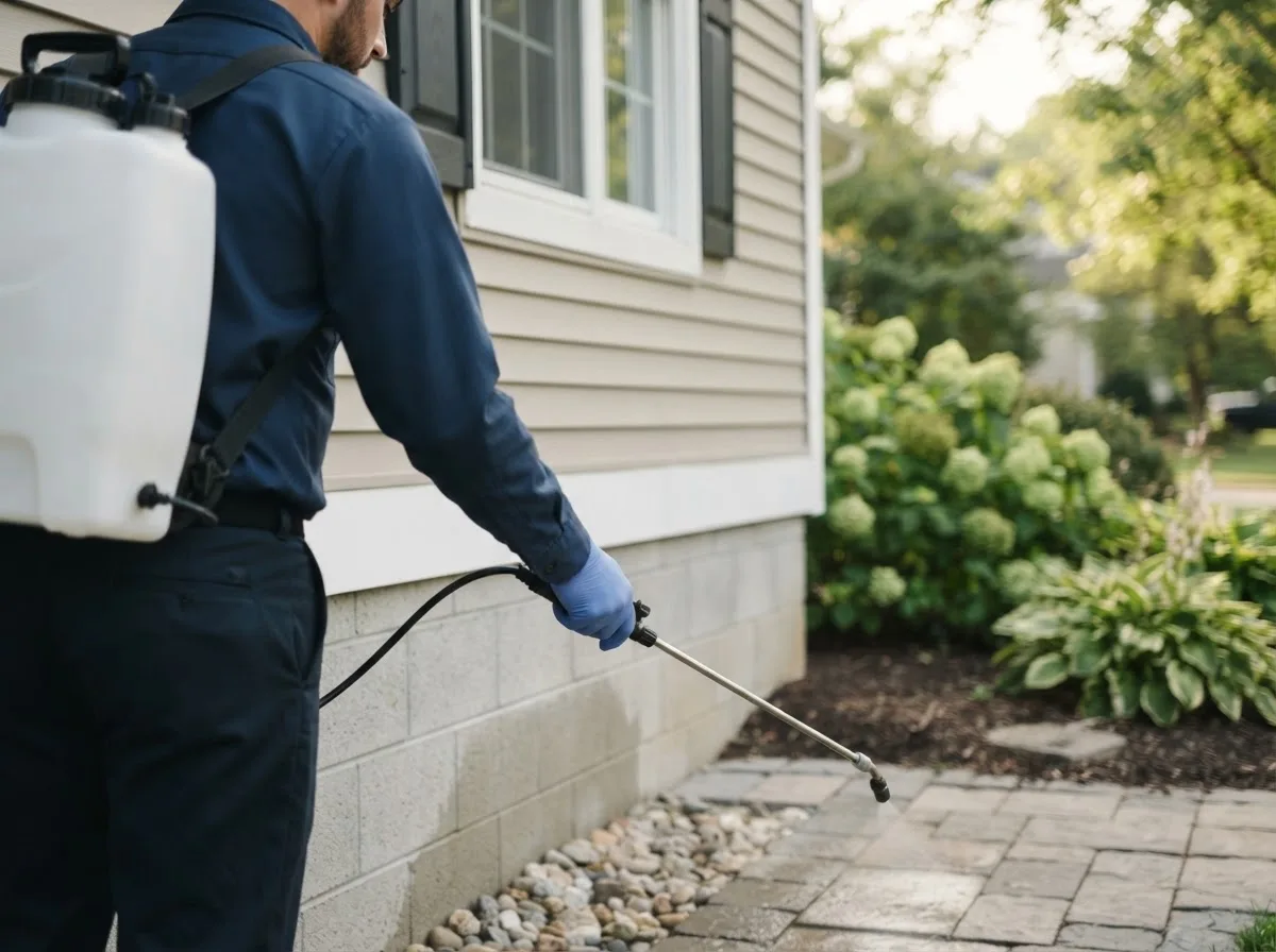Pest control technician inspecting a home in Mount Carroll, IL